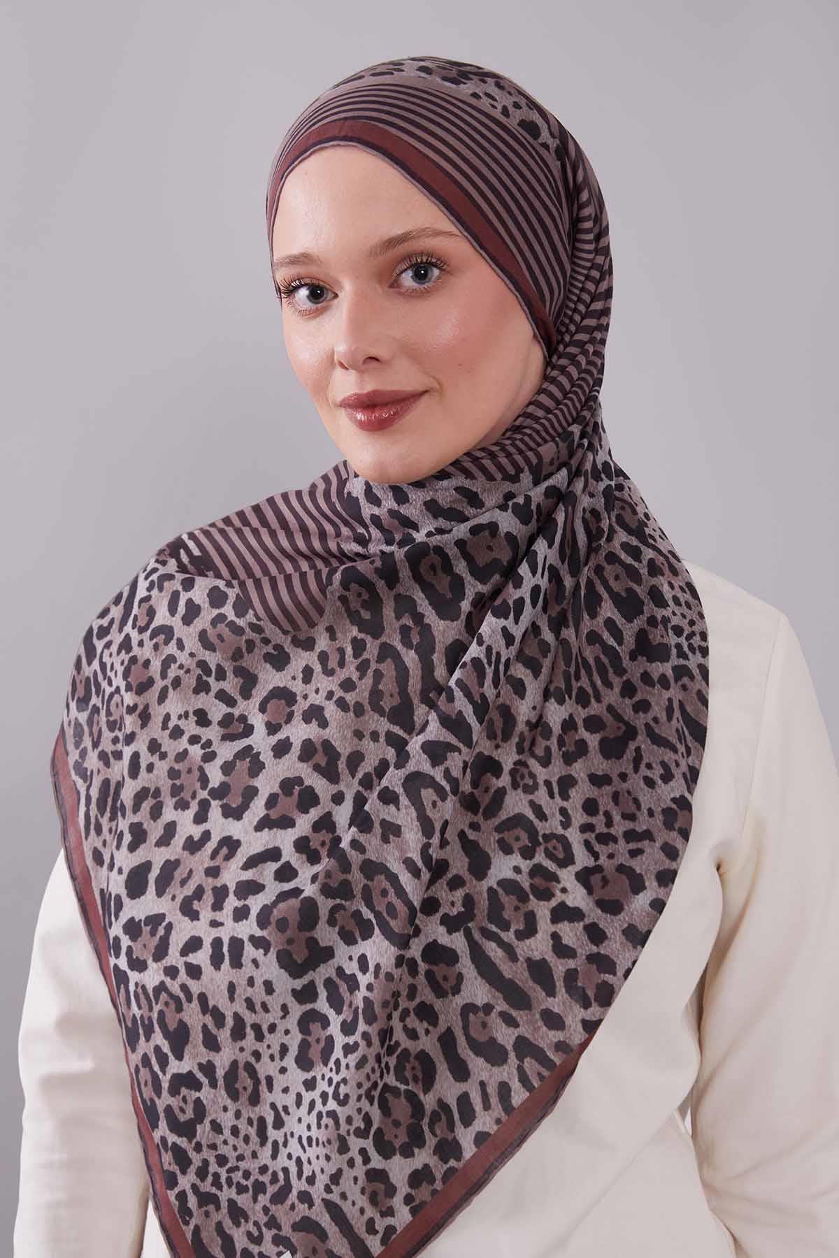 Fivescarf Kiremit Leopar Desen Silk Coton Eşarp