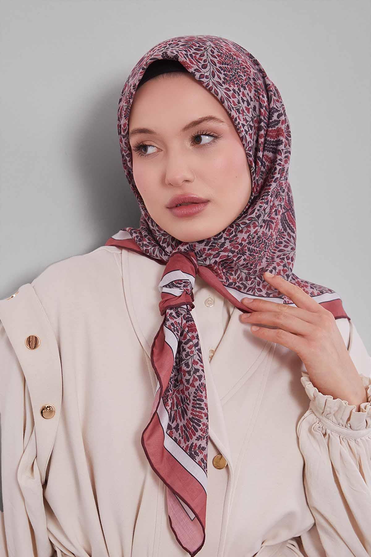 Fivescarf Kiremit Mini Yaprak Desen Silk Coton Eşarp