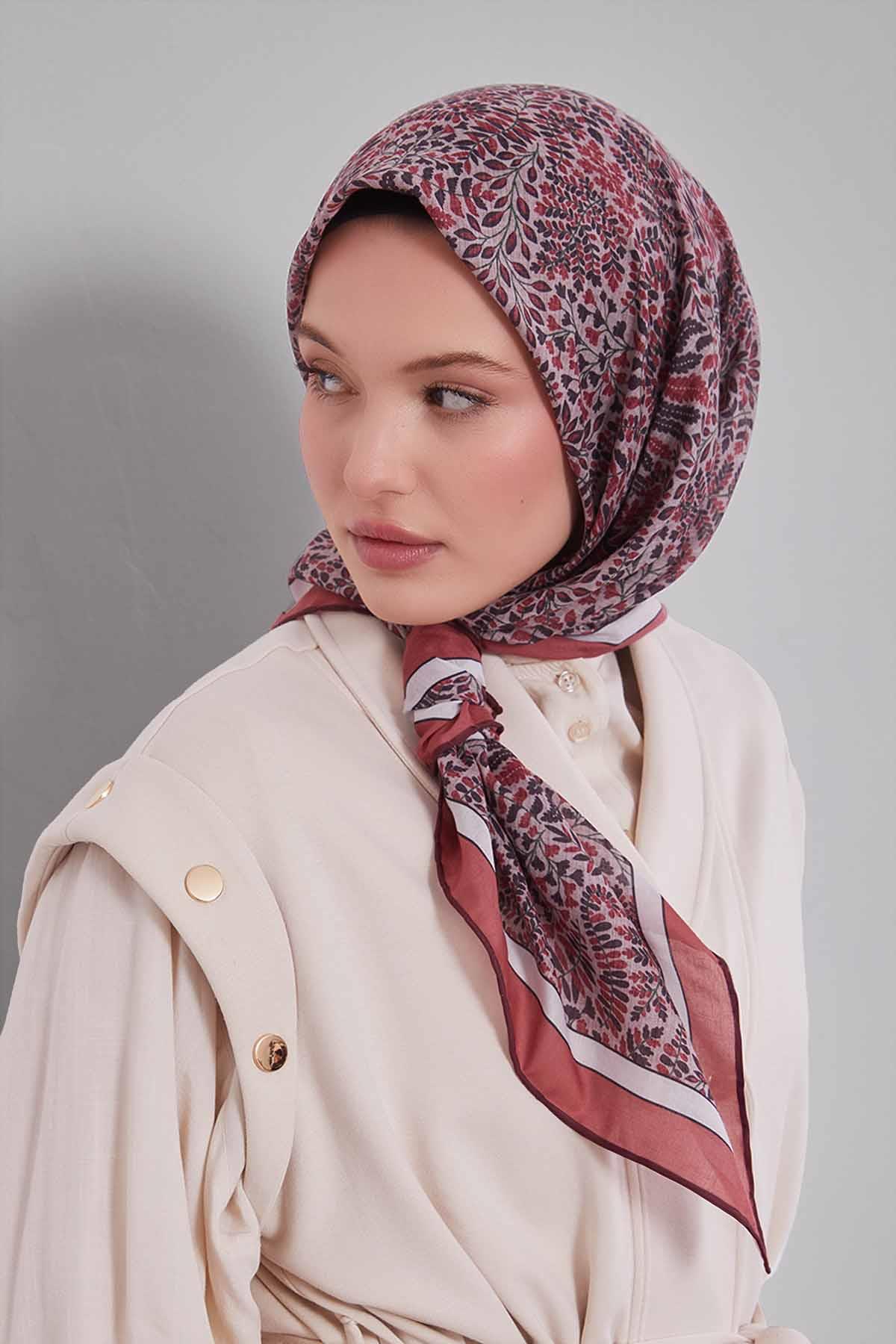 Fivescarf Kiremit Mini Yaprak Desen Silk Coton Eşarp