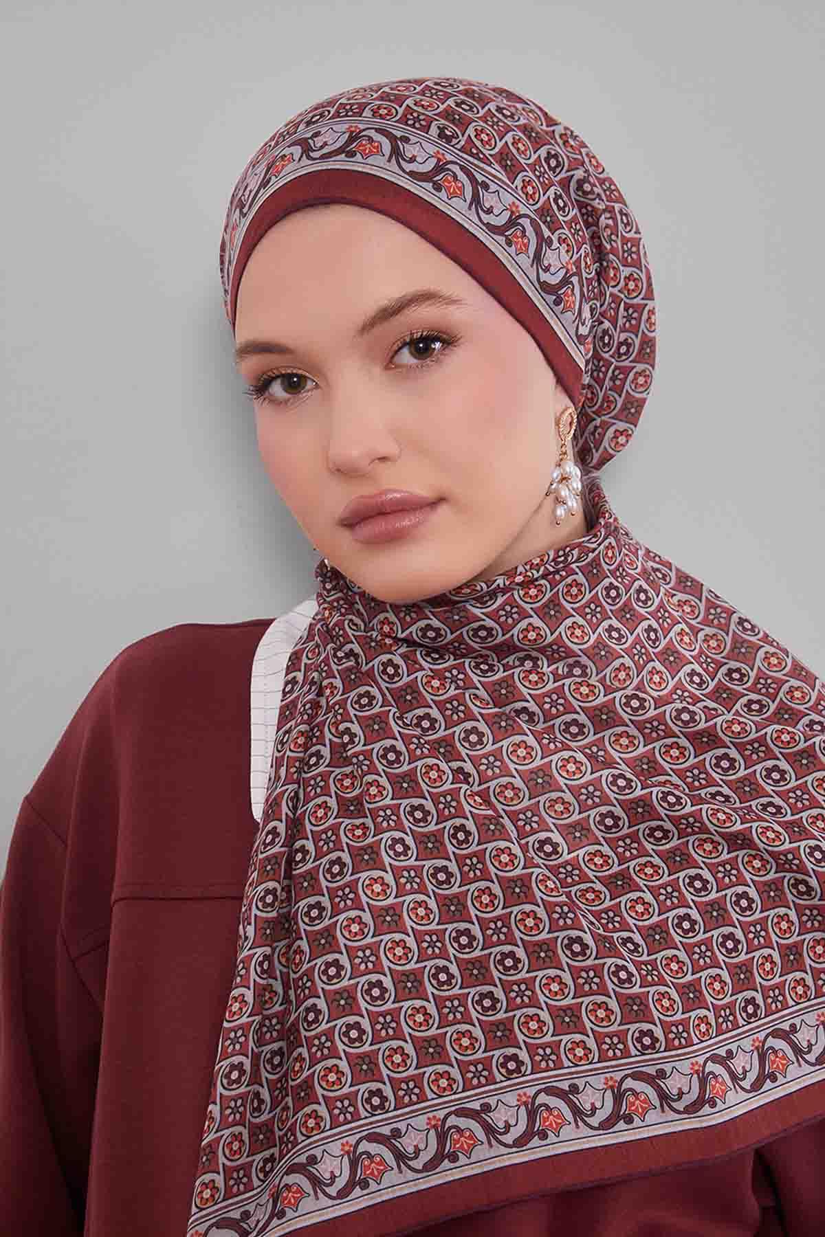 Fivescarf Kiremit Papatya Desen Silk Coton Eşarp