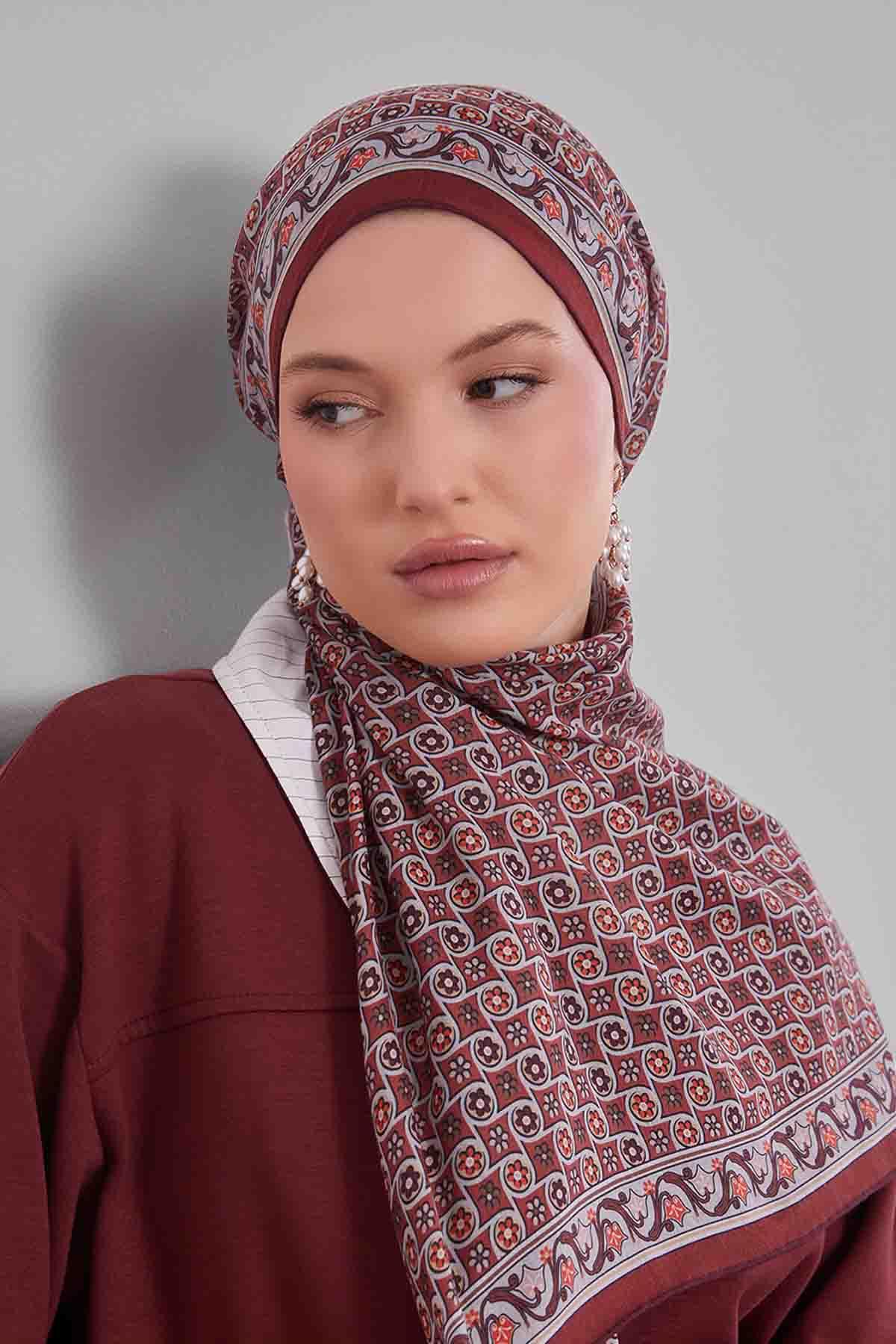 Fivescarf Kiremit Papatya Desen Silk Coton Eşarp