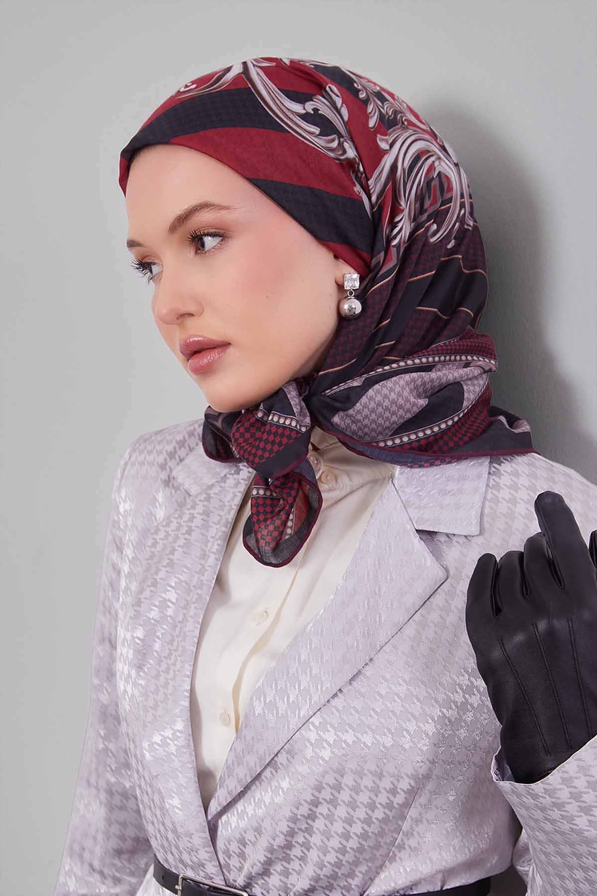 Fivescarf Kırmızı Boncuk Desen Silk Coton Eşarp