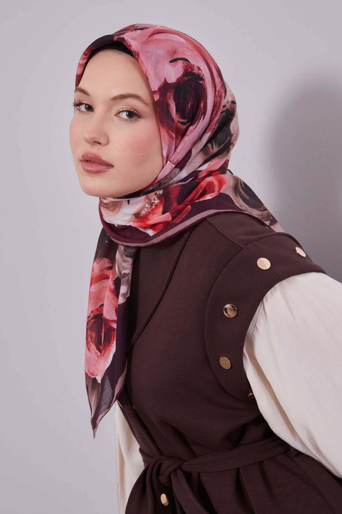 Fivescarf Kırmızı Çiçek Desen Slik Coton Eşarp