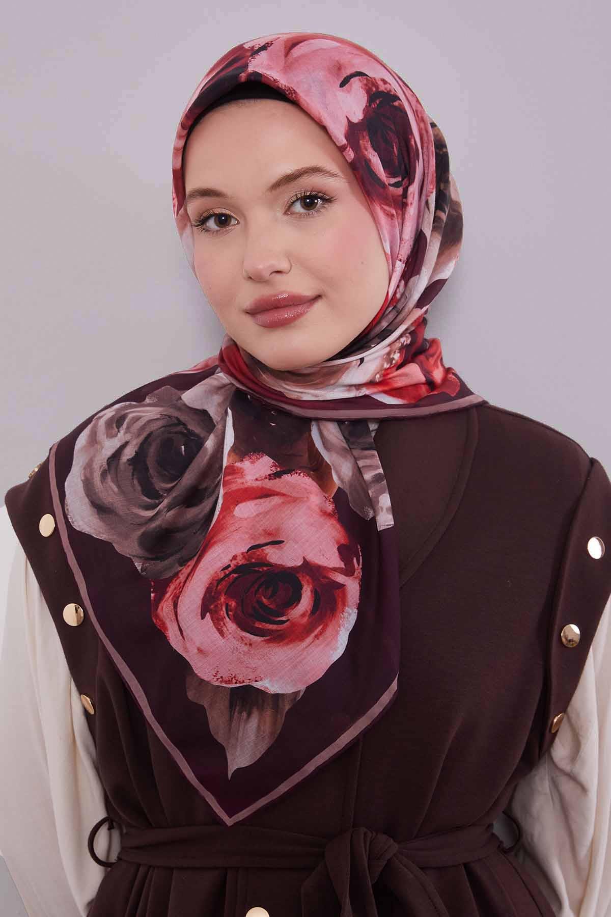 Fivescarf Kırmızı Çiçek Desen Slik Coton Eşarp