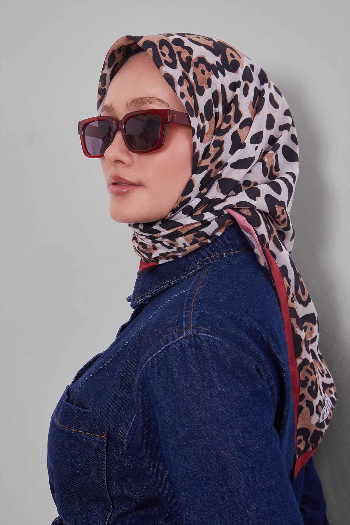 Fivescarf Kırmızı Leopar Desen Silk Coton Eşarp