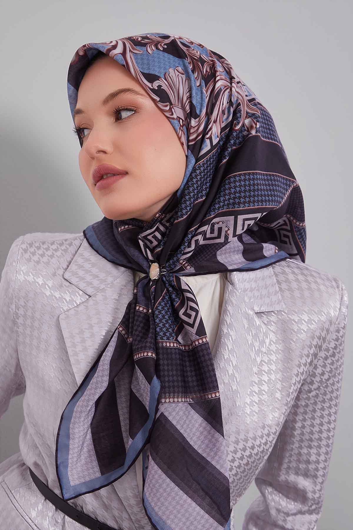 Fivescarf Kot Mavi Boncuk Desen Silk Coton Eşarp