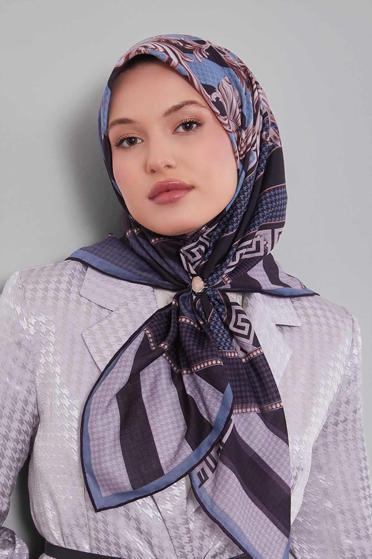 Fivescarf Kot Mavi Boncuk Desen Silk Coton Eşarp