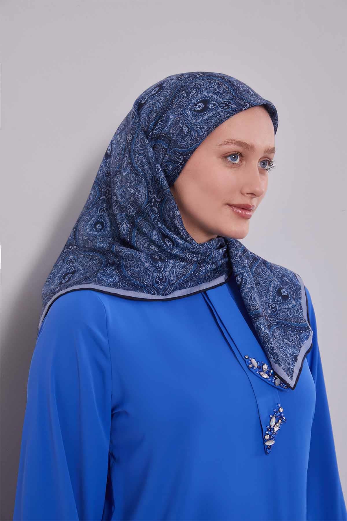 Fivescarf Kot Mavi Çini Desen Silk Coton Eşarp