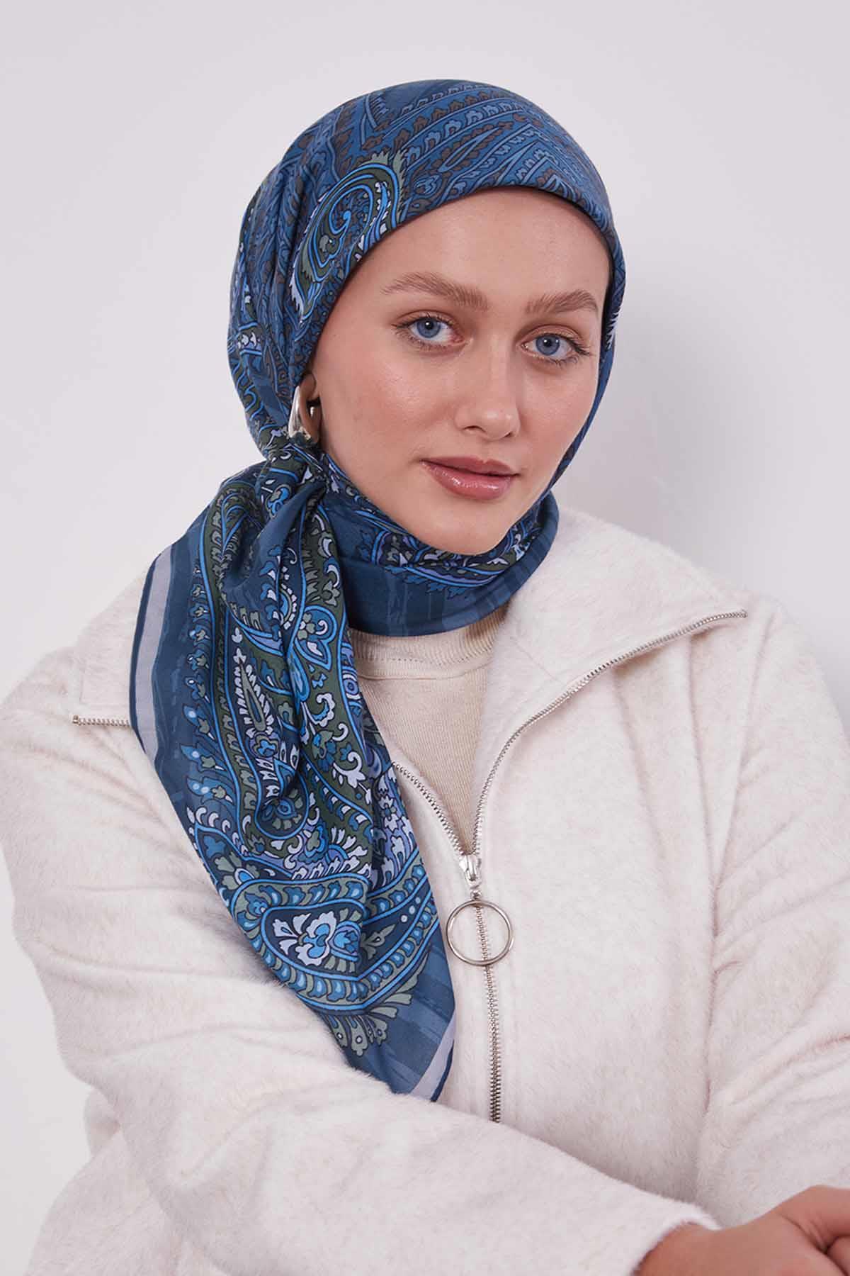 Fivescarf Kot Mavi Ebruli Desen Silk Coton Eşarp
