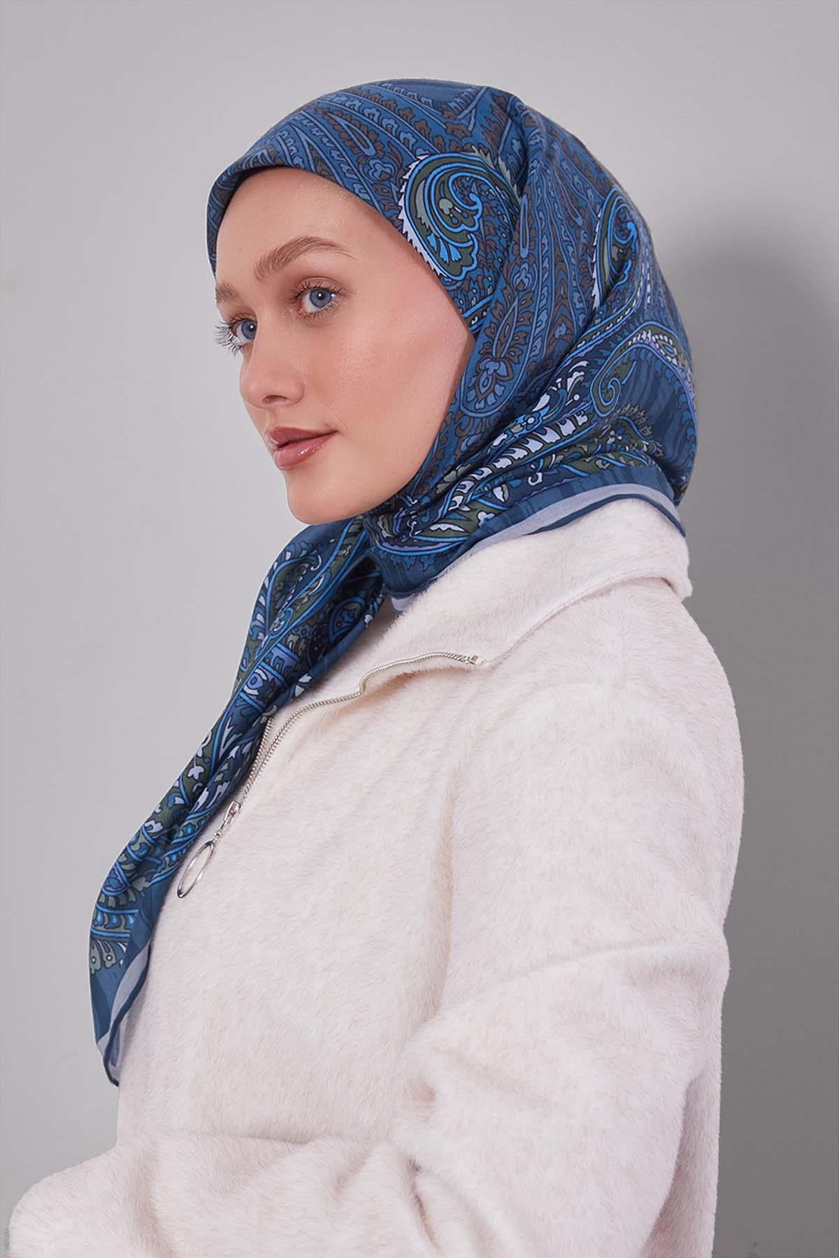 Fivescarf Kot Mavi Ebruli Desen Silk Coton Eşarp