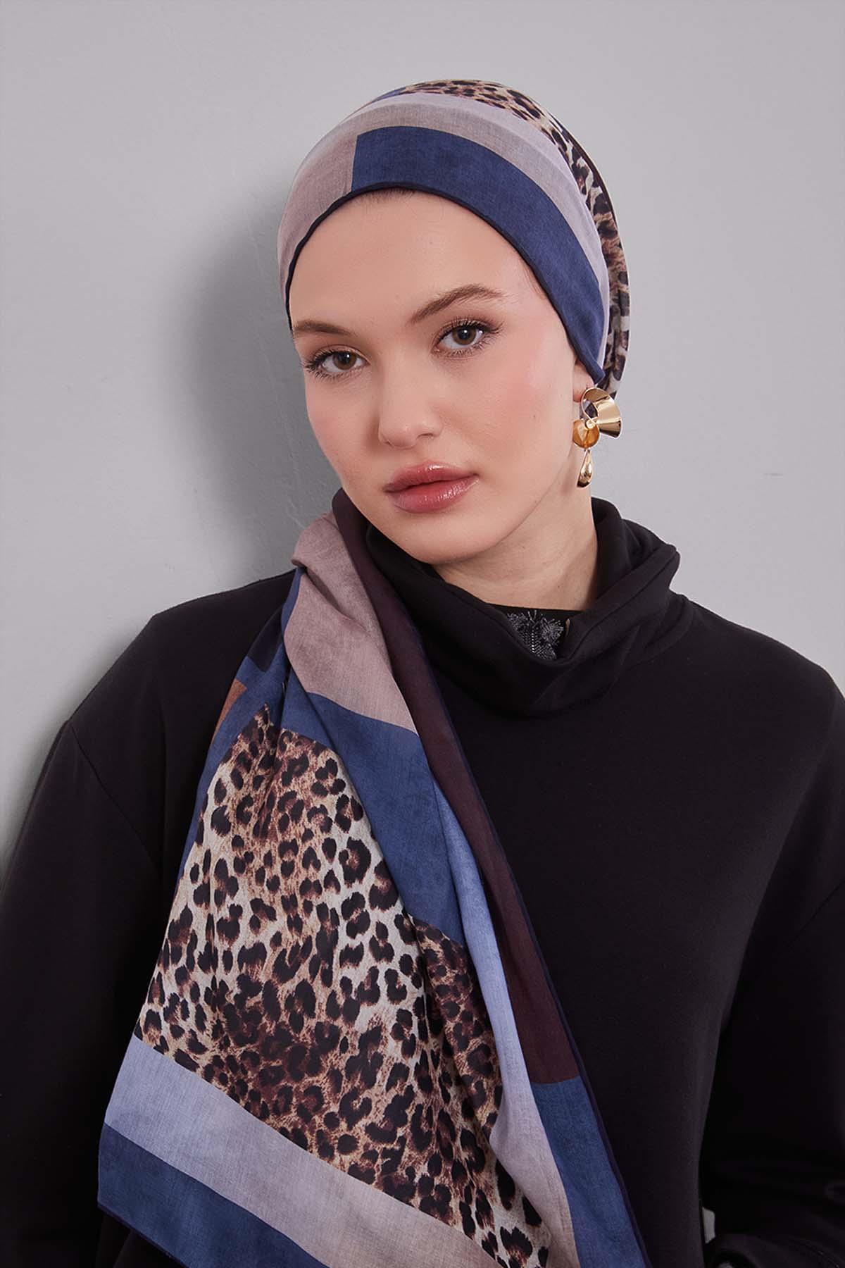 Fivescarf Kot Mavi Kenar Leopar Desenli Slik Coton Eşarp