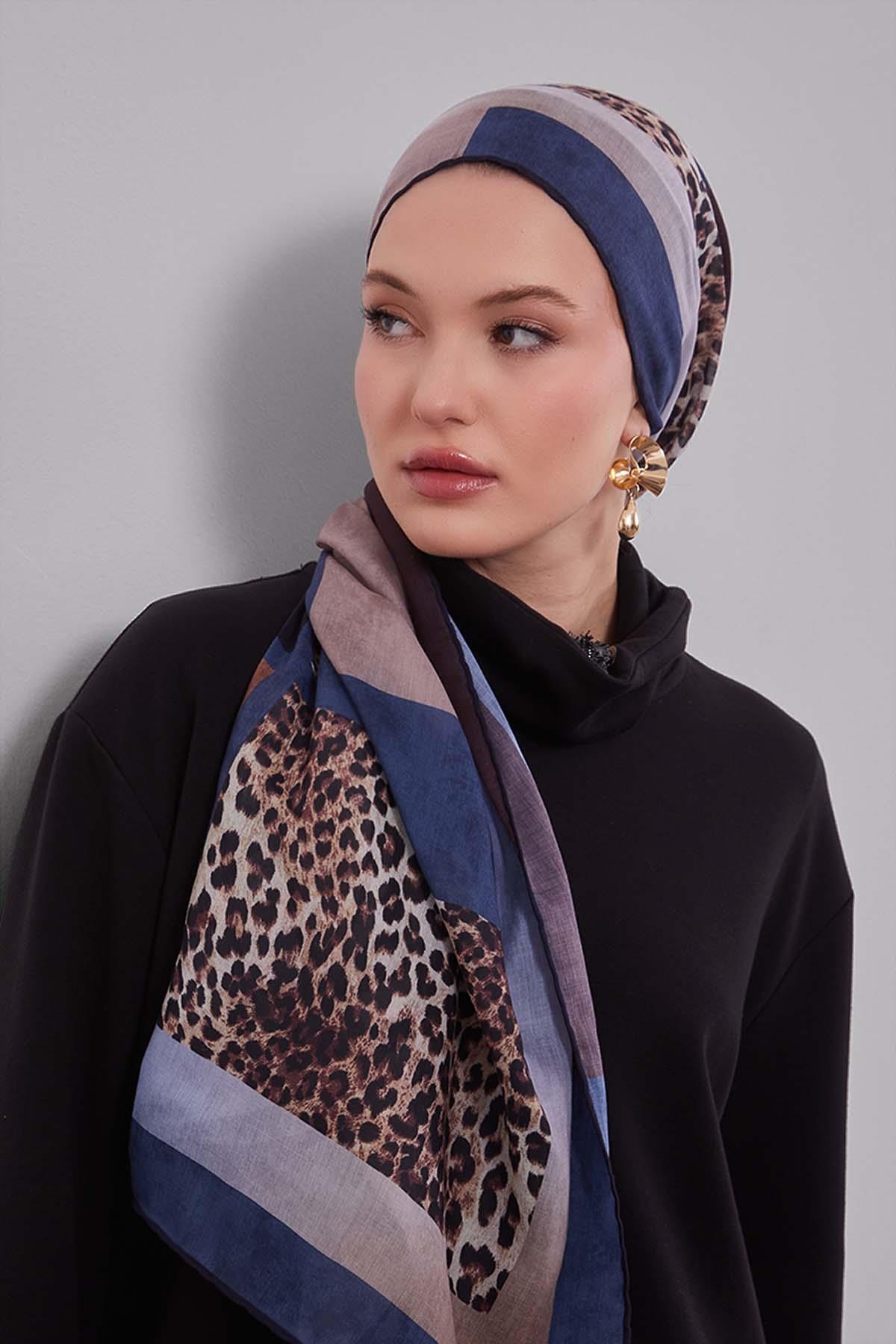 Fivescarf Kot Mavi Kenar Leopar Desenli Slik Coton Eşarp