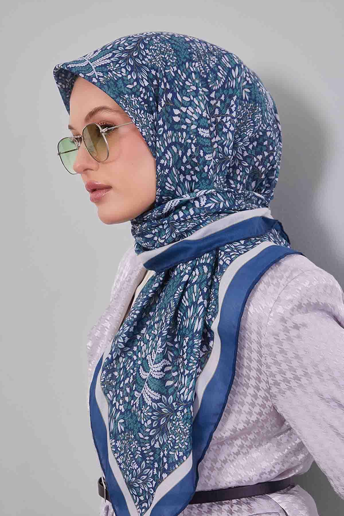 Fivescarf Kot Mavi Mini Yaprak Desen Silk Coton Eşarp