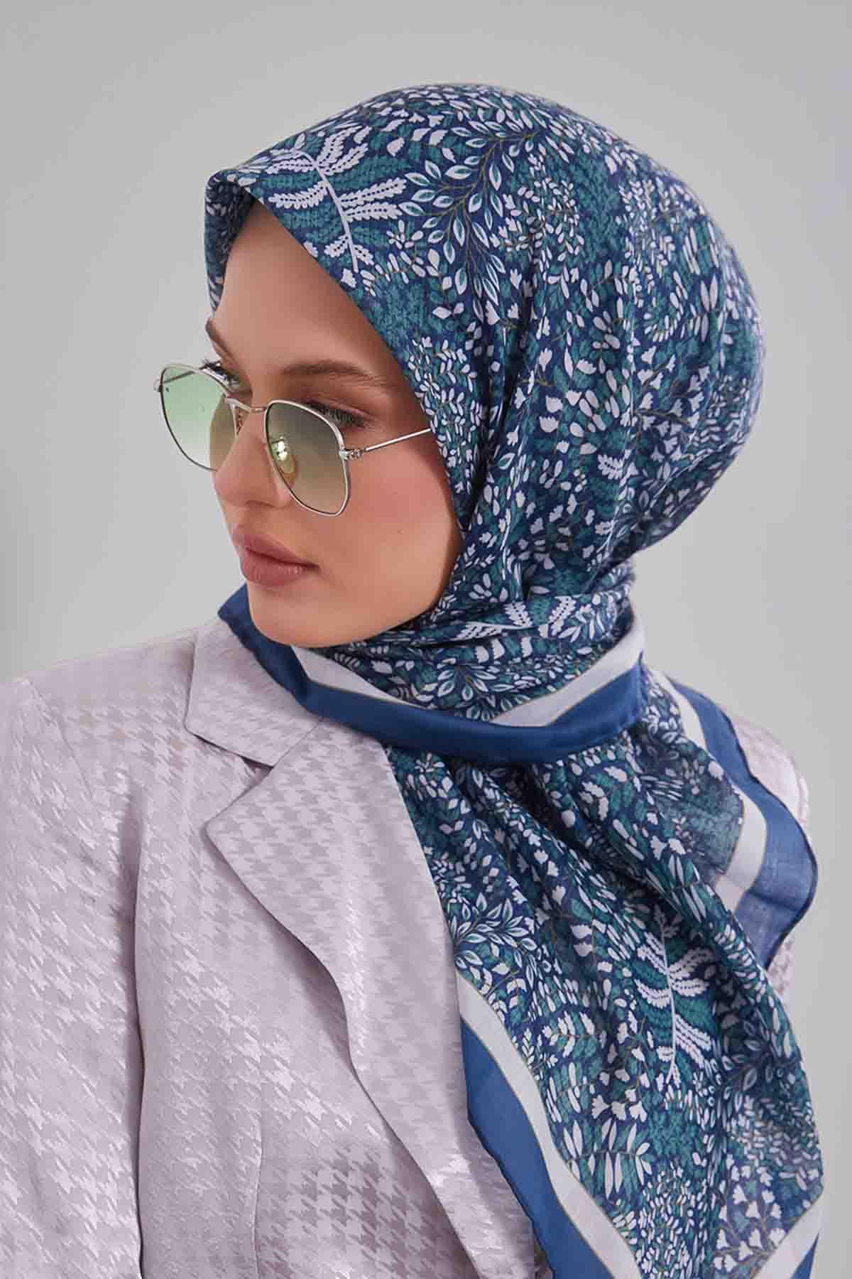 Fivescarf Kot Mavi Mini Yaprak Desen Silk Coton Eşarp