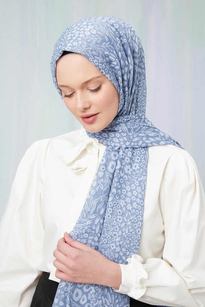 Fivescarf Kot Mavisi Desenli Cotton Şal