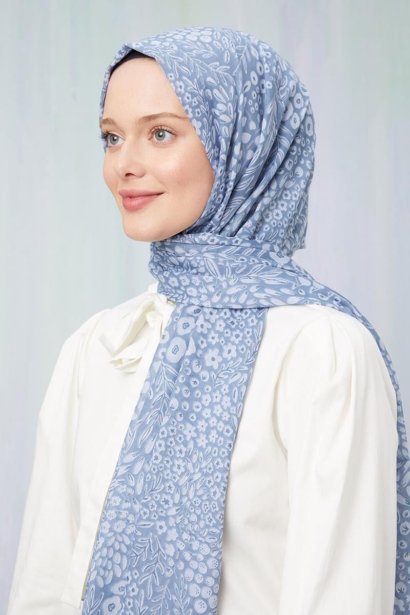 Fivescarf Kot Mavisi Desenli Cotton Şal