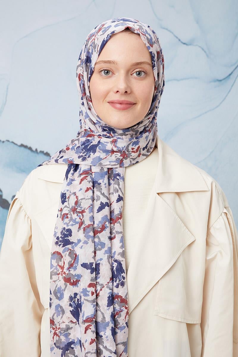 Fivescarf Kot Mavisi Desenli Cotton Şal