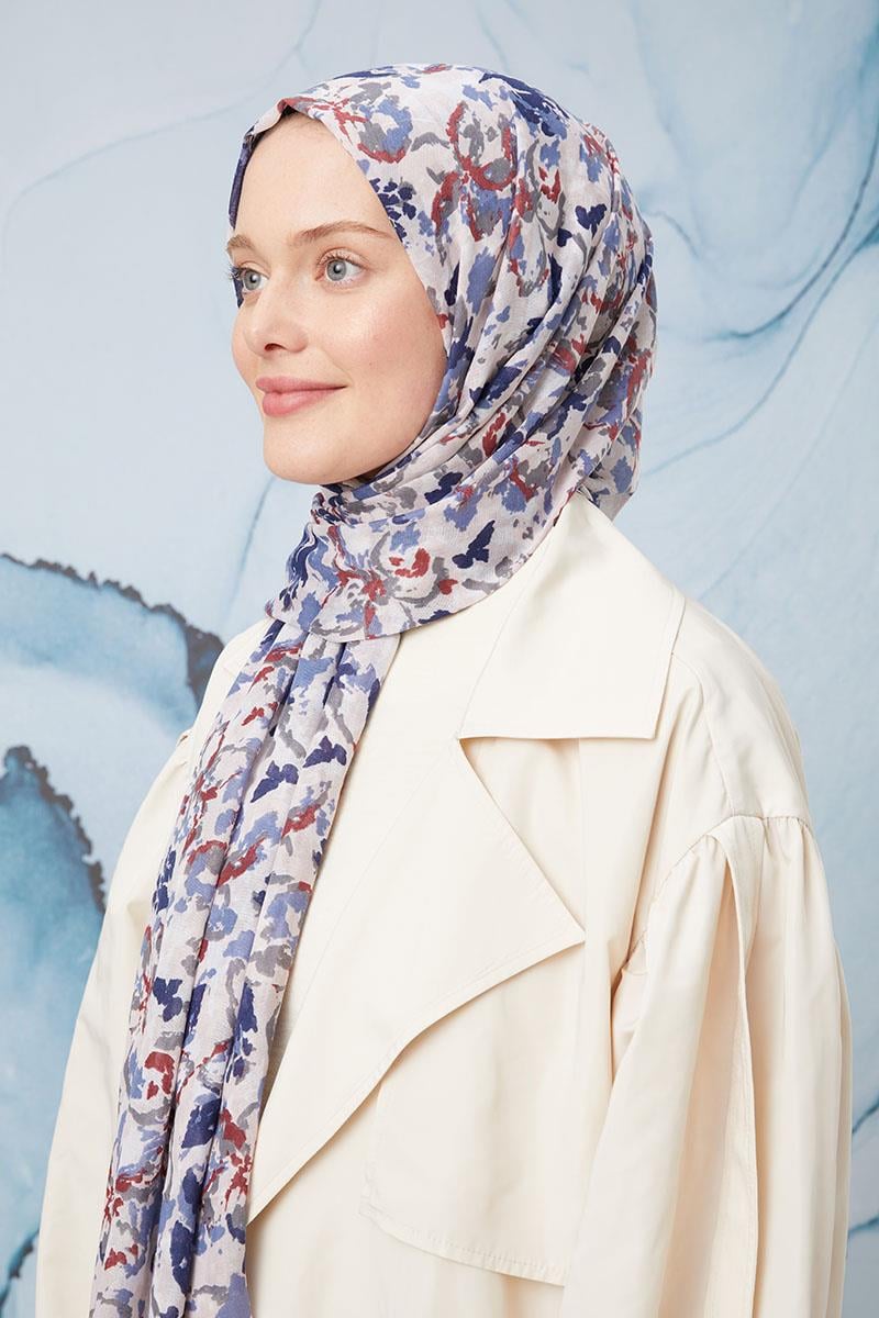 Fivescarf Kot Mavisi Desenli Cotton Şal