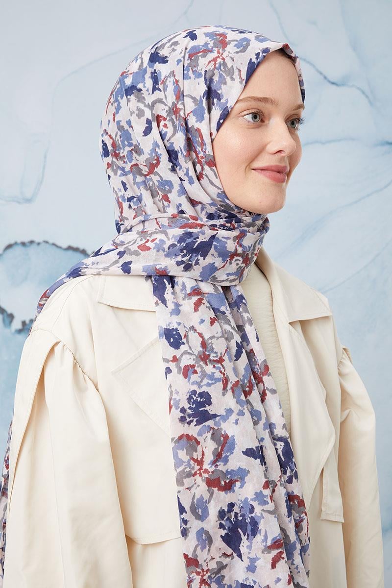 Fivescarf Kot Mavisi Desenli Cotton Şal