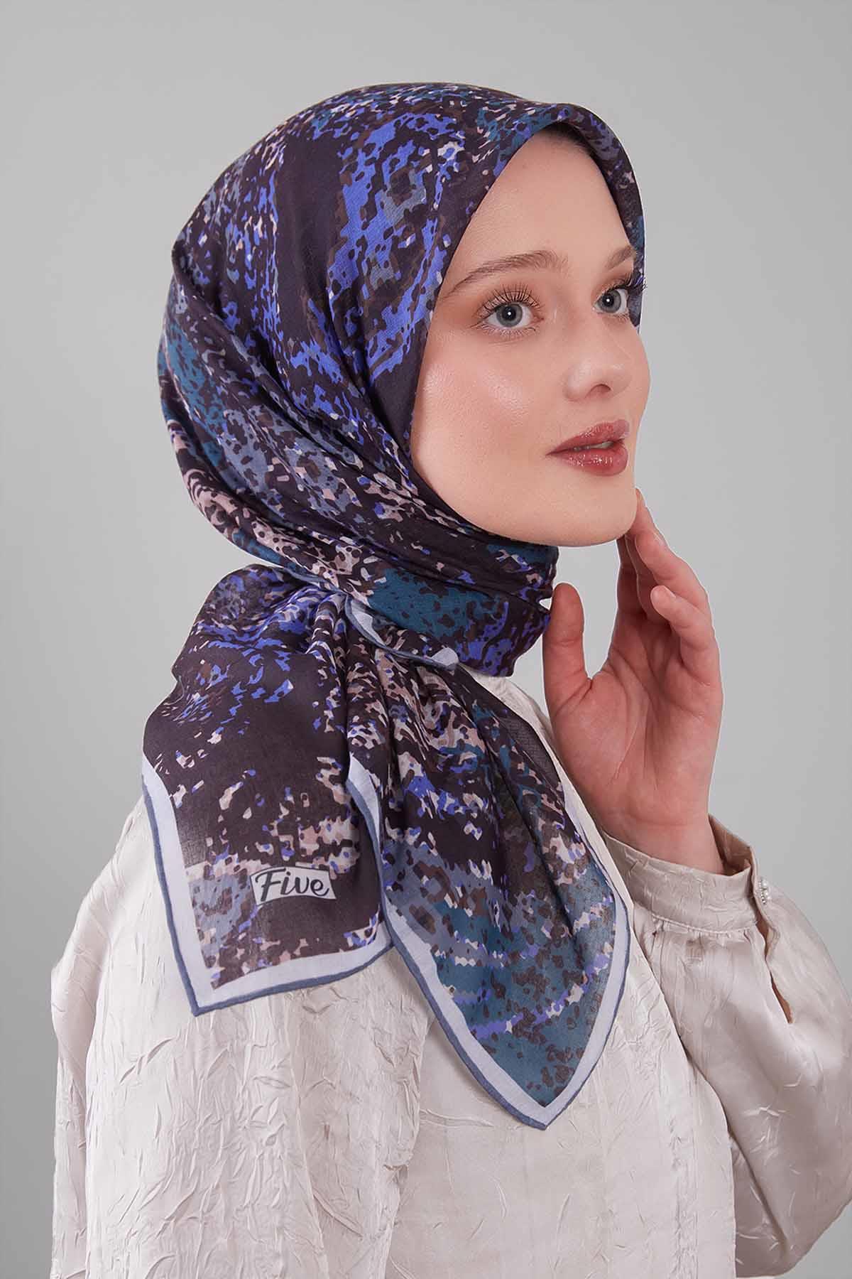 Fivescarf Koyu Gri Mozaik Desen Silk Coton Eşarp