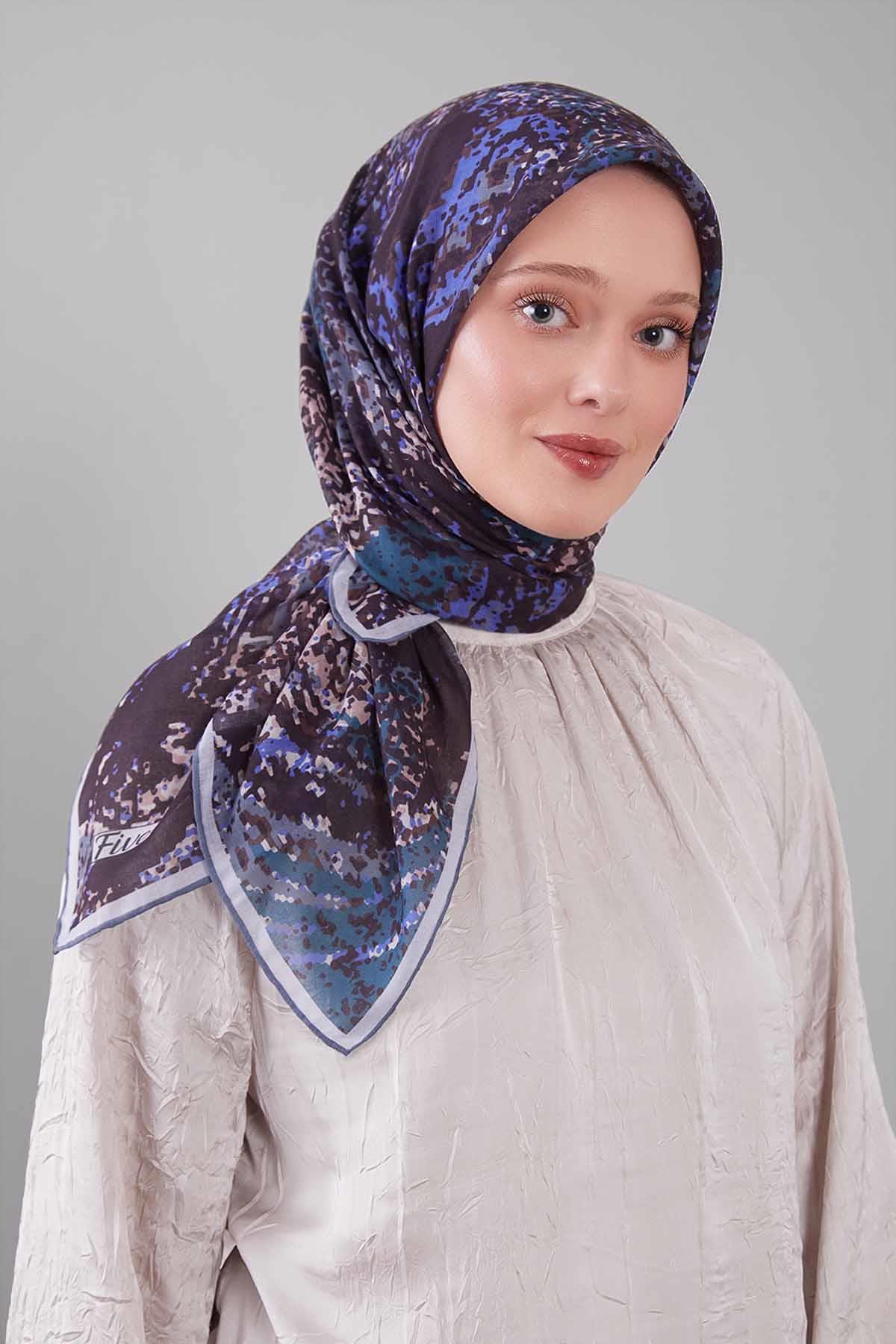 Fivescarf Koyu Gri Mozaik Desen Silk Coton Eşarp