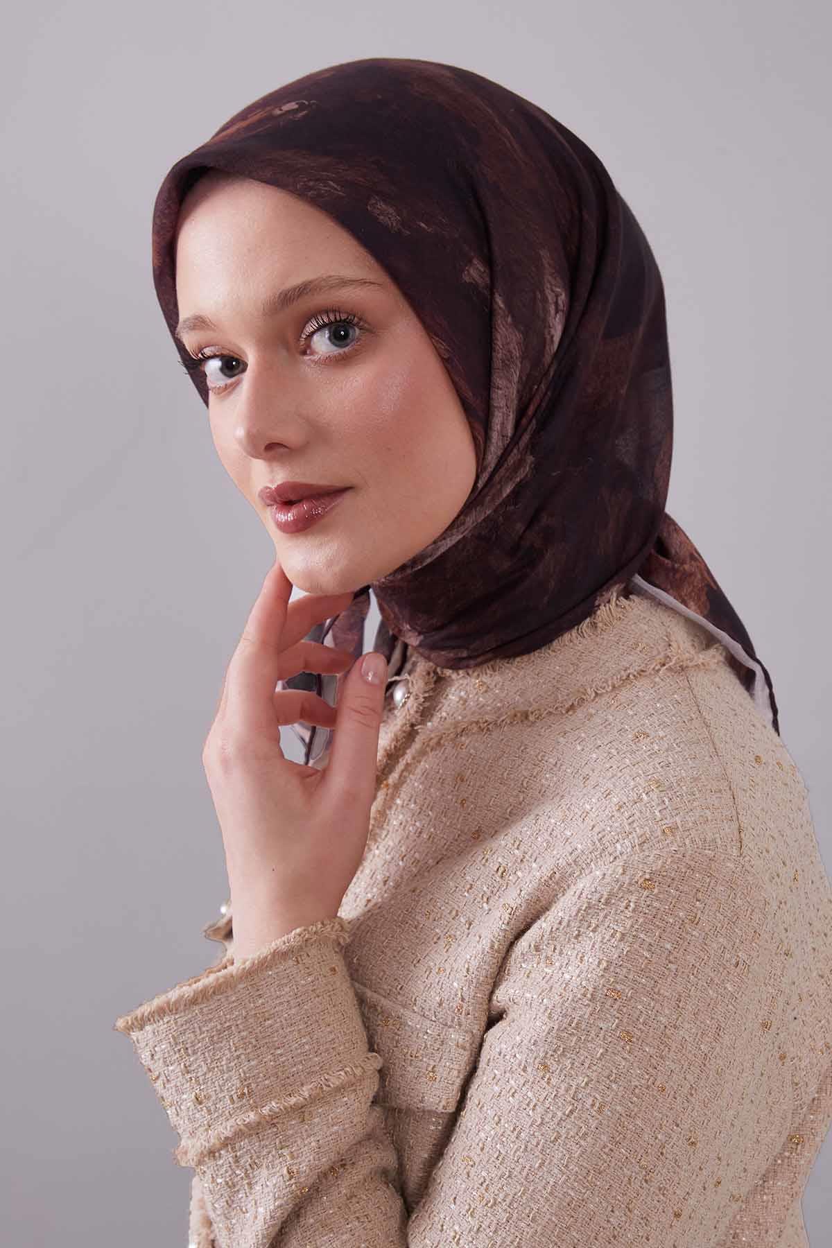 Fivescarf KOYU KAHVE Dalga Desen Silk Coton Eşarp