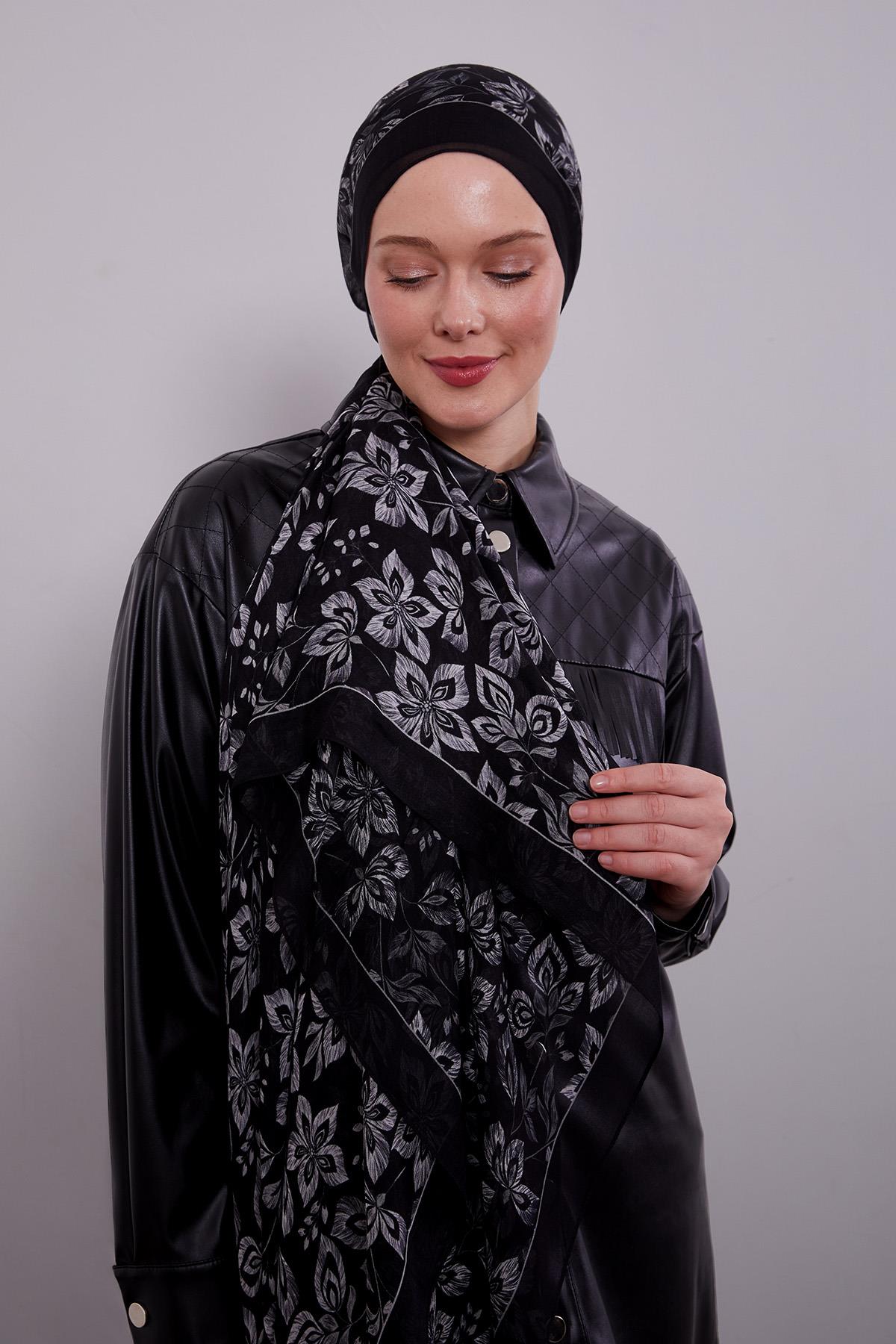 Fivescarf Koyu Lacivert Çiçek Desenli Vivian Şal