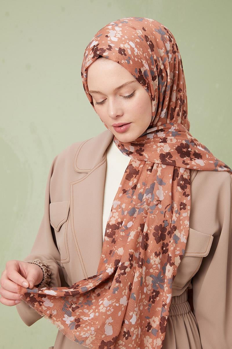 Fivescarf Koyu Somon Desenli Cotton Şal