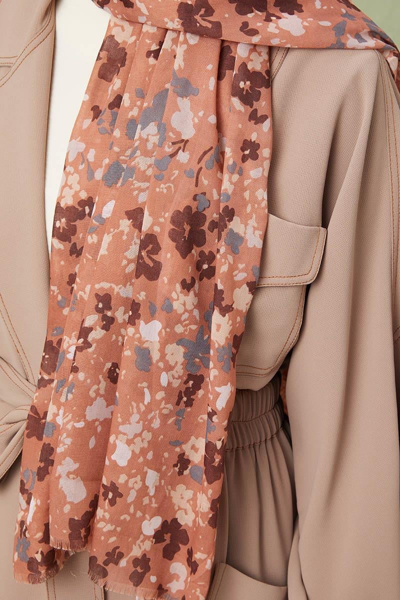 Fivescarf Koyu Somon Desenli Cotton Şal