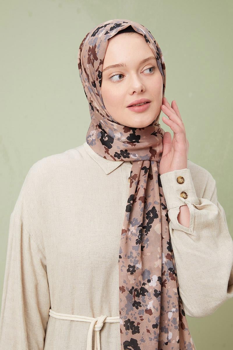 Fivescarf Koyu Vizon Desenli Cotton Şal