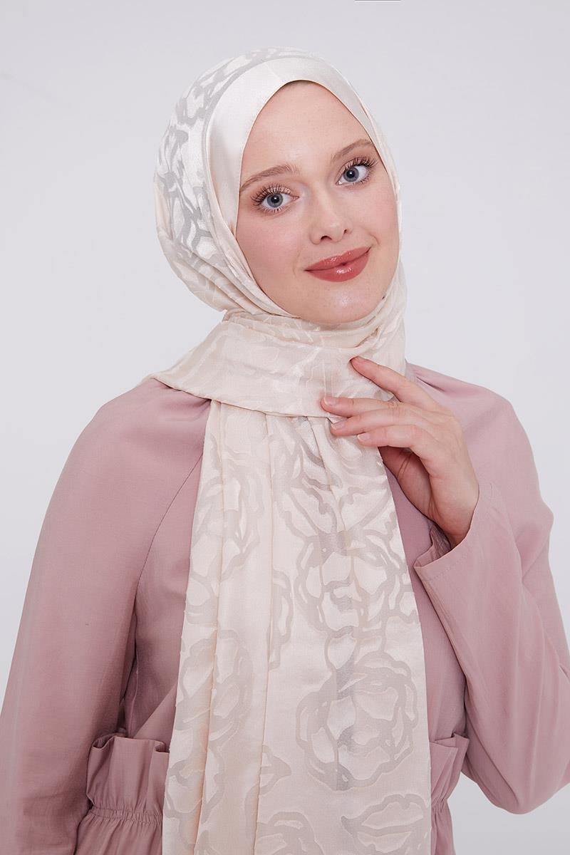 Fivescarf Krem Gül Desen Deluxe Devore Şal