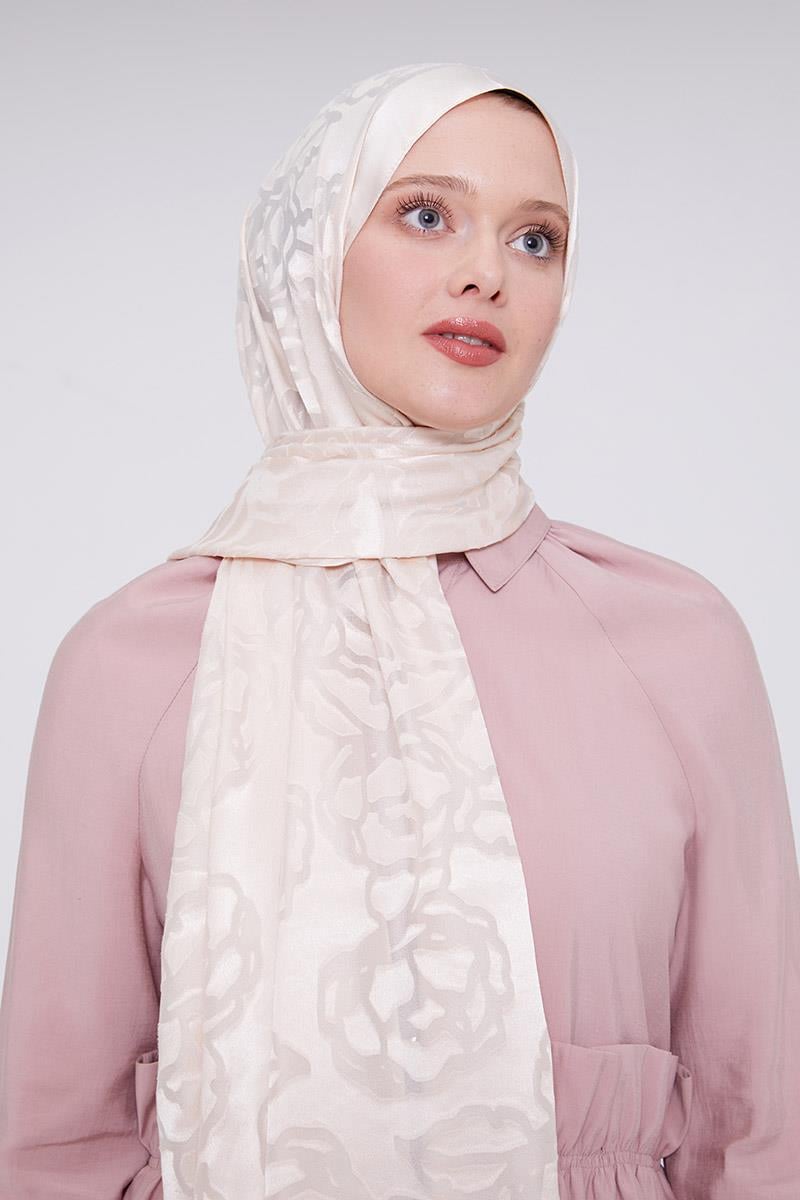 Fivescarf Krem Gül Desen Deluxe Devore Şal