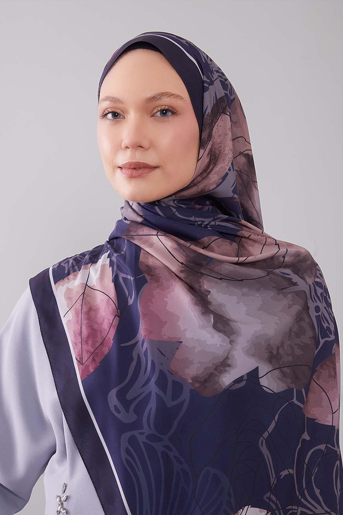 Fivescarf Lacivert Akvarel Yaprak Desen Moos Chrep Şal
