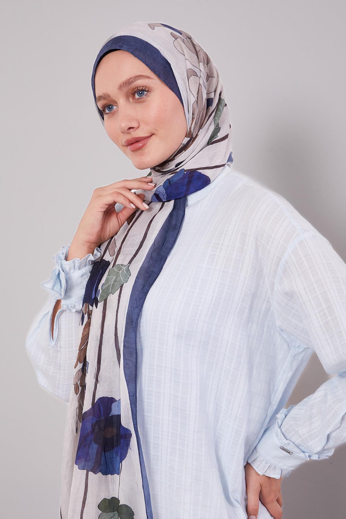 Fivescarf Lacivert Büyük Çiçek Desenli Craze Comfort Şal