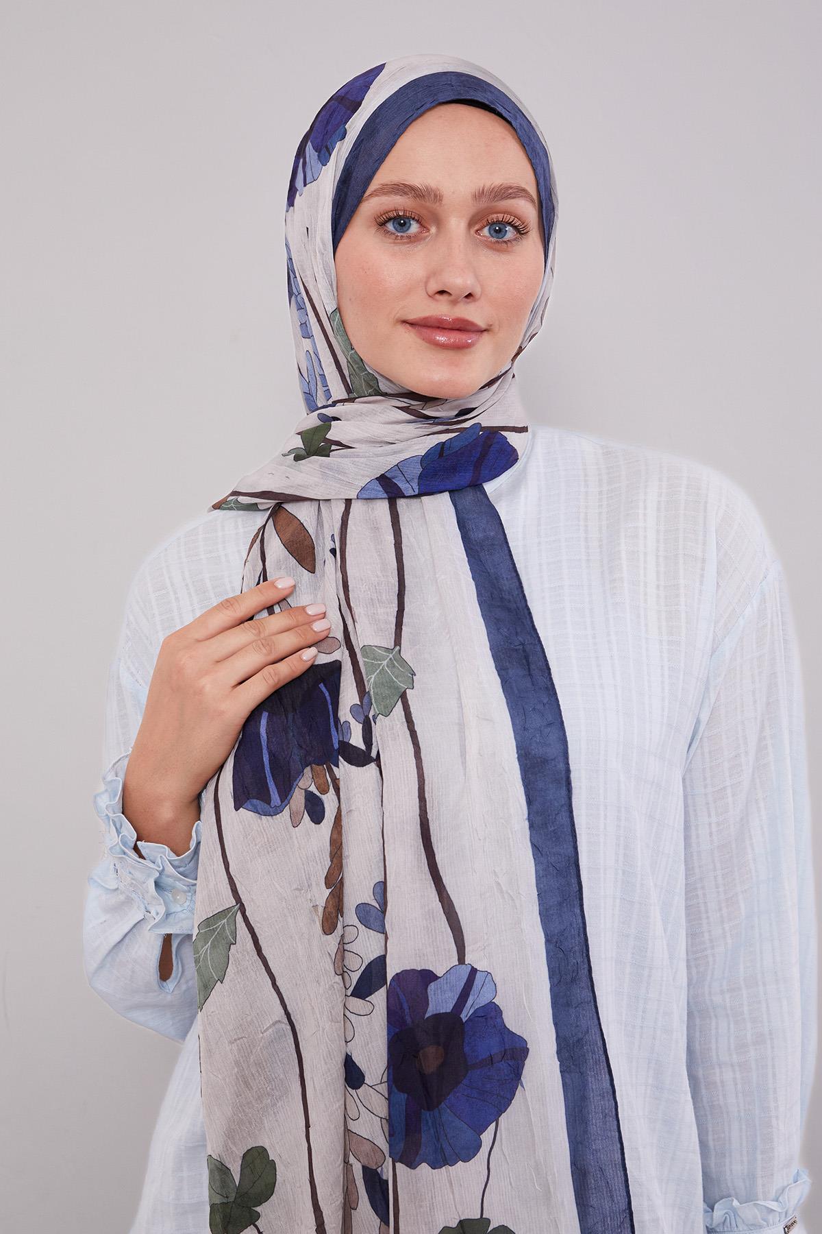 Fivescarf Lacivert Büyük Çiçek Desenli Craze Comfort Şal