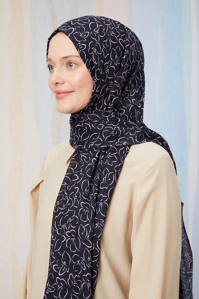 Fivescarf Lacivert Desenli Cotton Şal