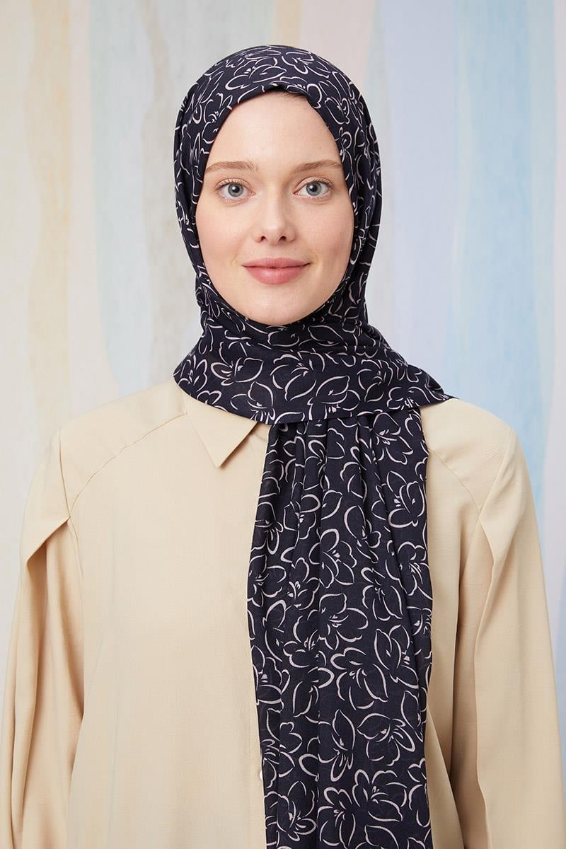 Fivescarf Lacivert Desenli Cotton Şal