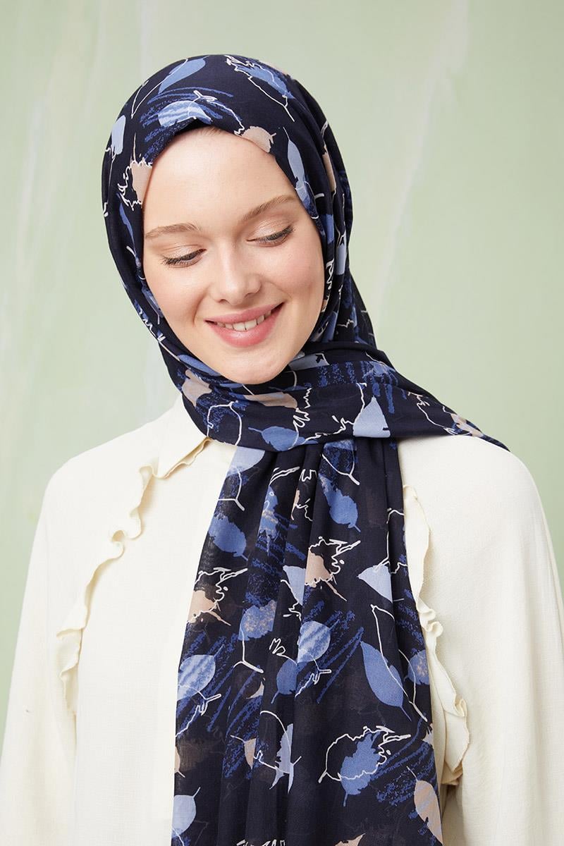Fivescarf Lacivert Desenli Cotton Şal