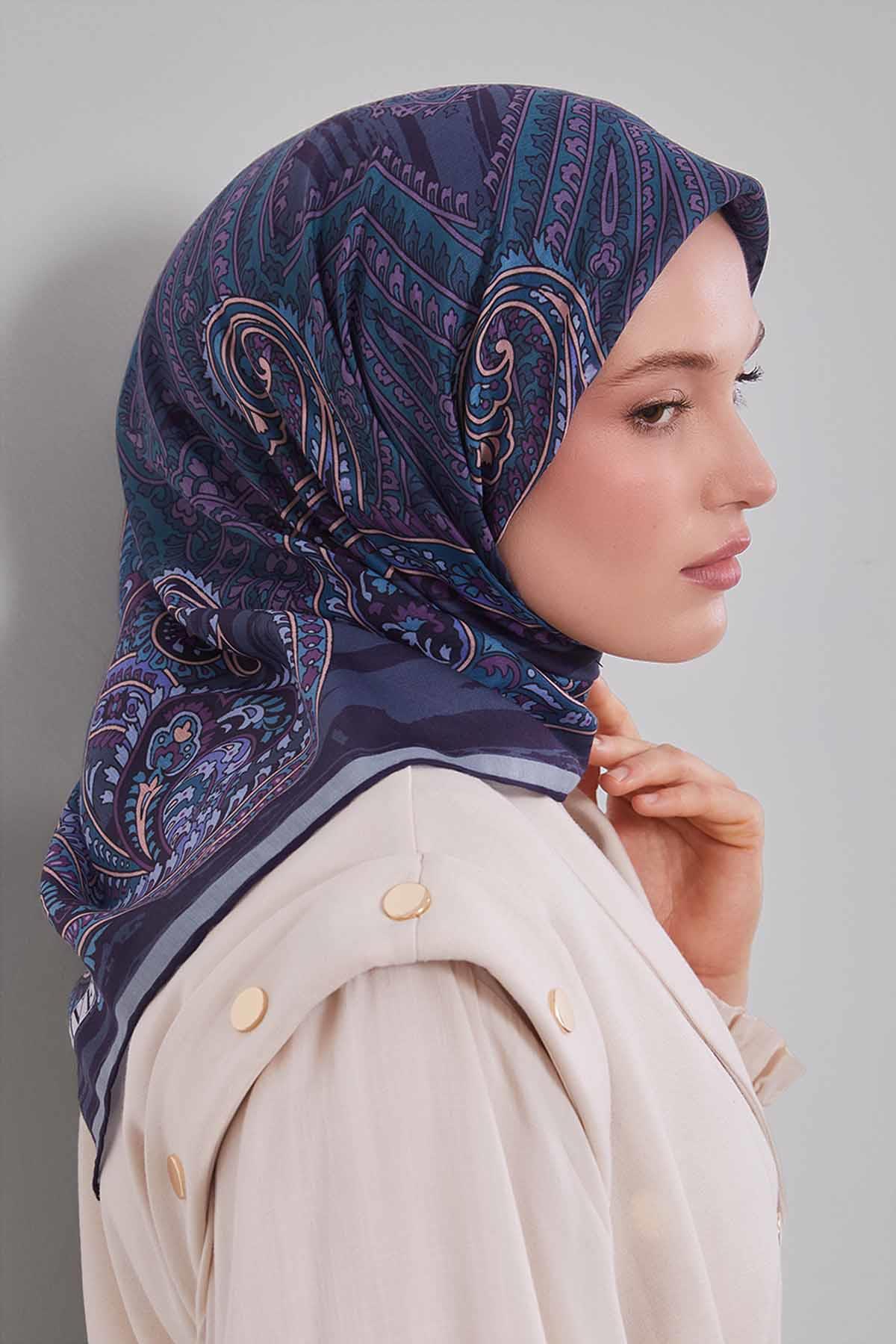 Fivescarf Lacivert Ebruli Desen Silk Coton Eşarp