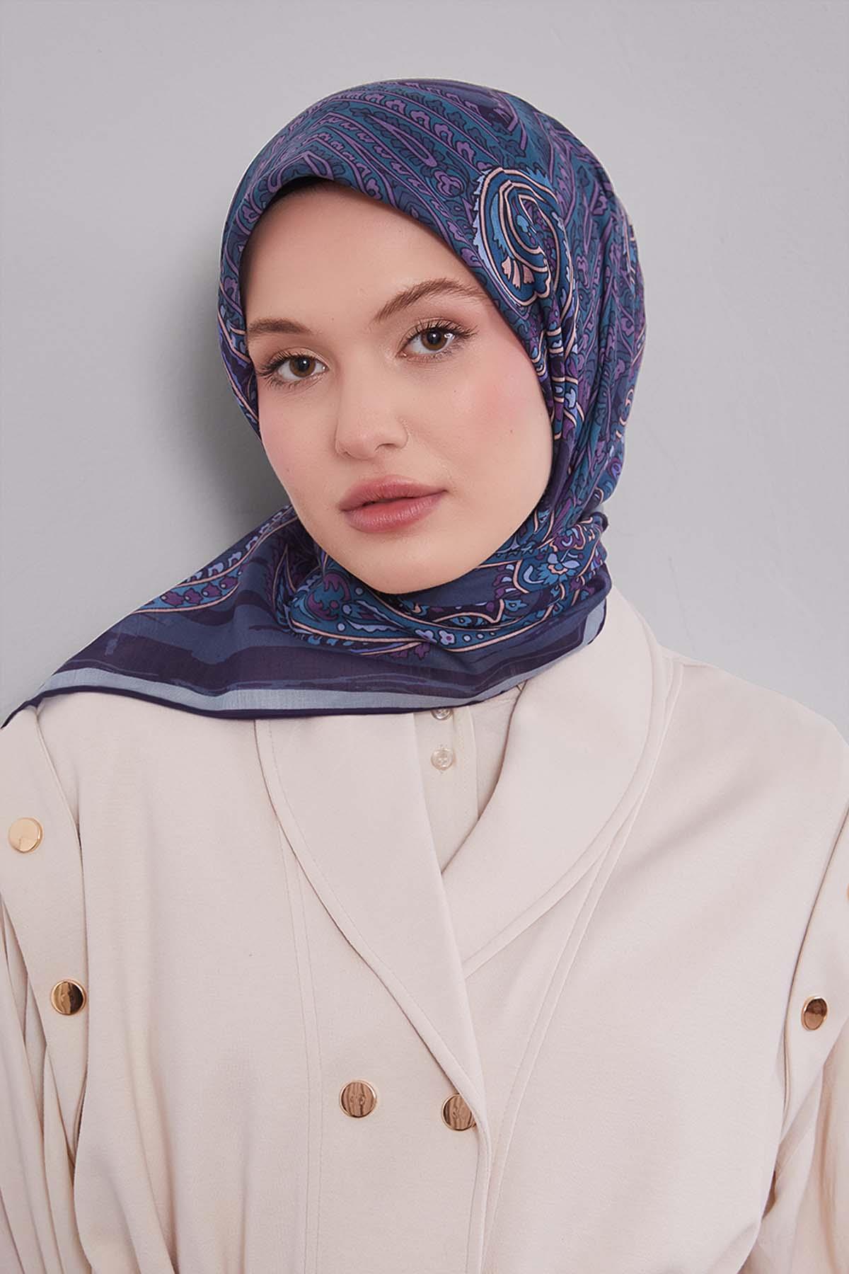 Fivescarf Lacivert Ebruli Desen Silk Coton Eşarp