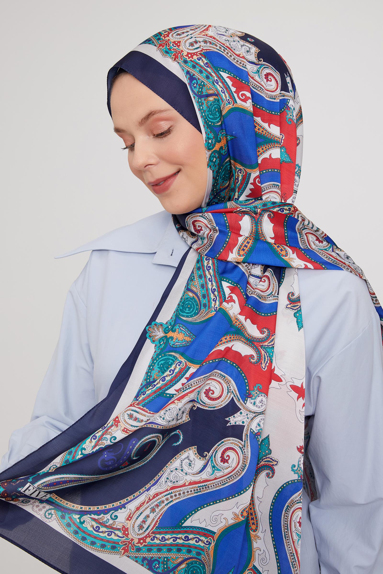 Fivescarf Lacivert Etnik Çini Desen Vual İpek Şal