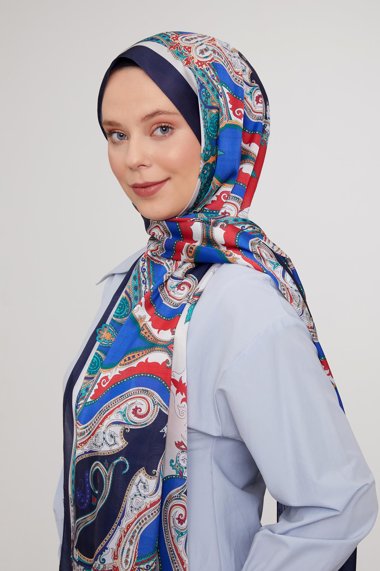 Fivescarf Lacivert Etnik Çini Desen Vual İpek Şal