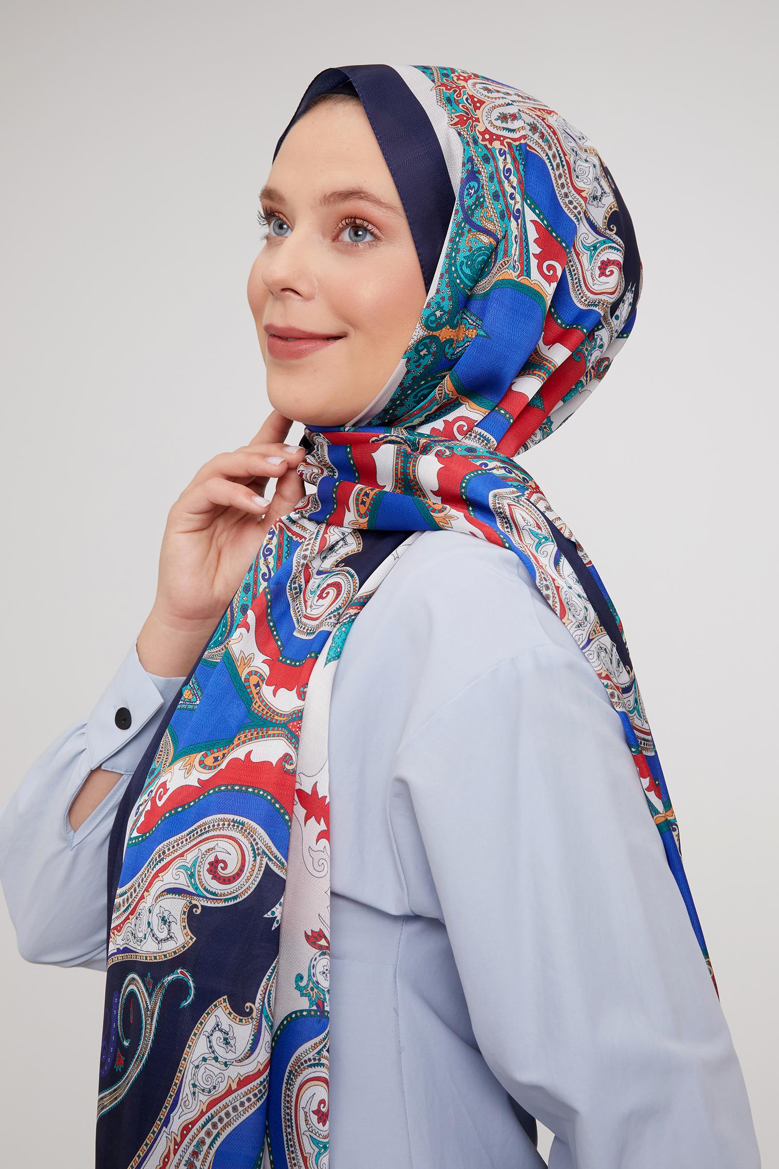 Fivescarf Lacivert Etnik Çini Desen Vual İpek Şal