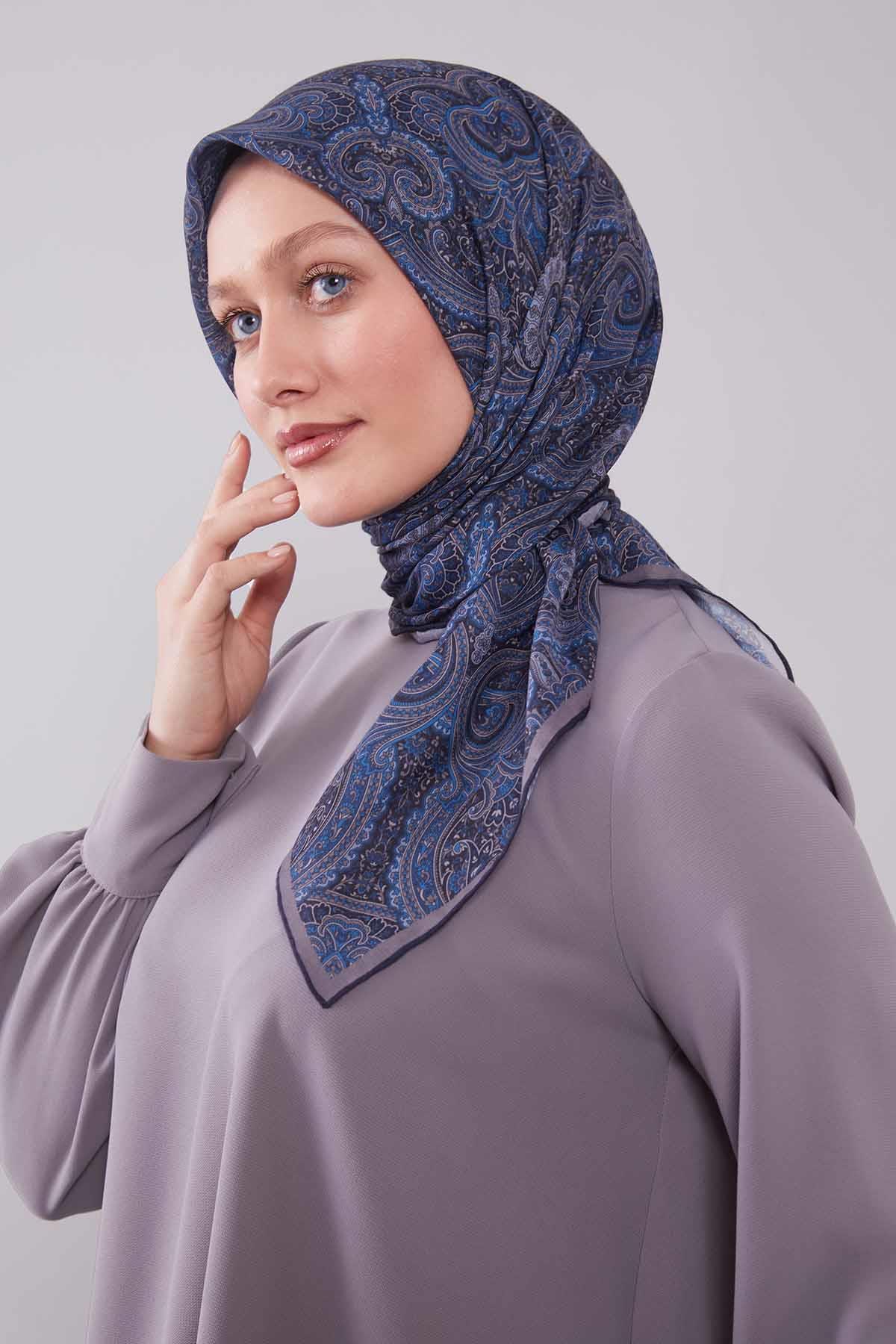 Fivescarf Lacivert Etnik Desen Silk Cotton Eşarp