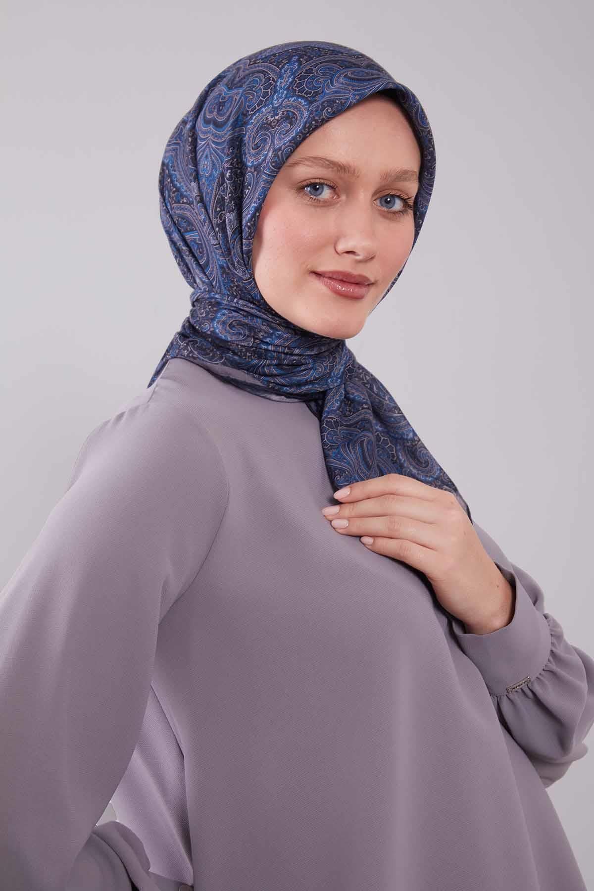 Fivescarf Lacivert Etnik Desen Silk Cotton Eşarp