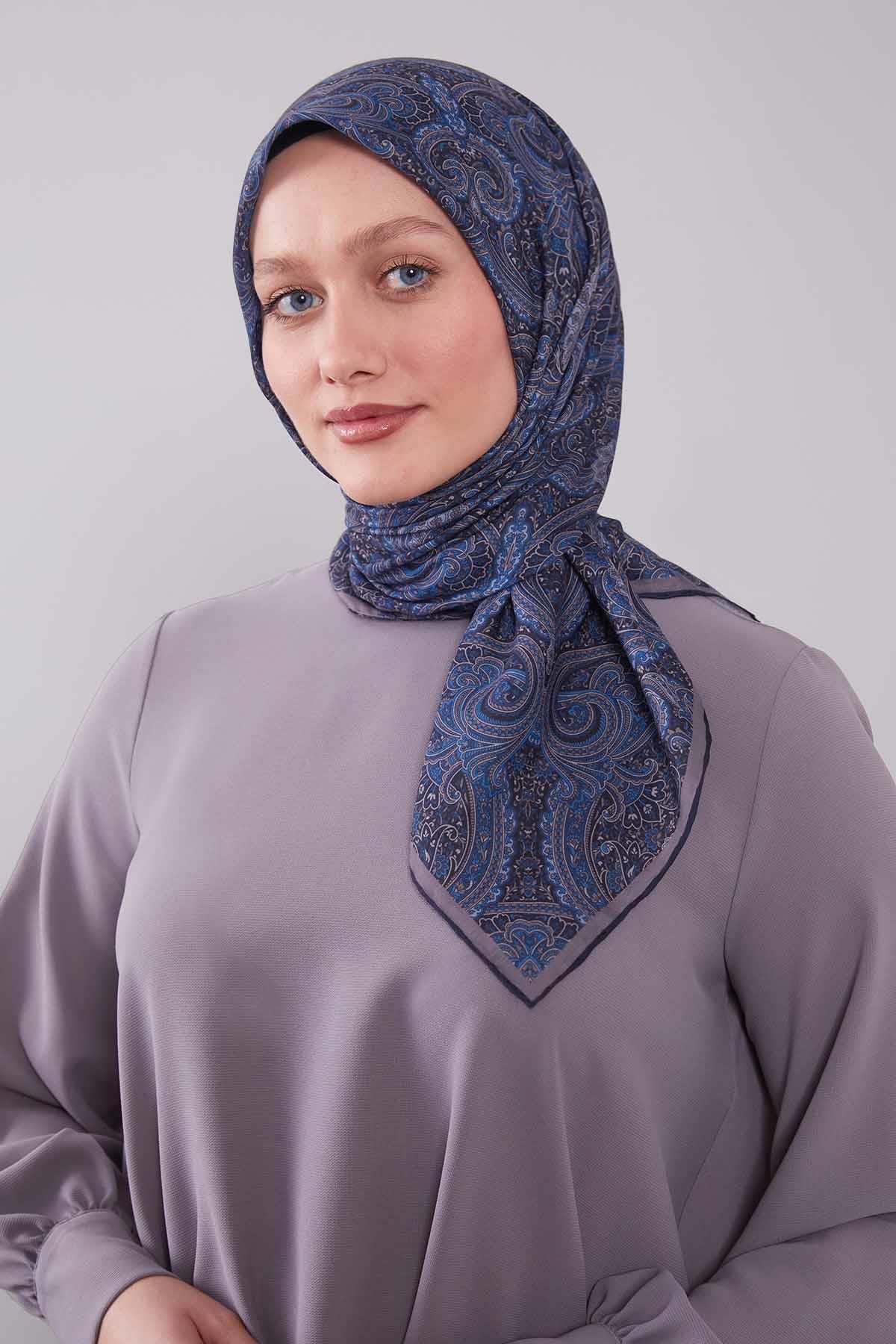 Fivescarf Lacivert Etnik Desen Silk Cotton Eşarp