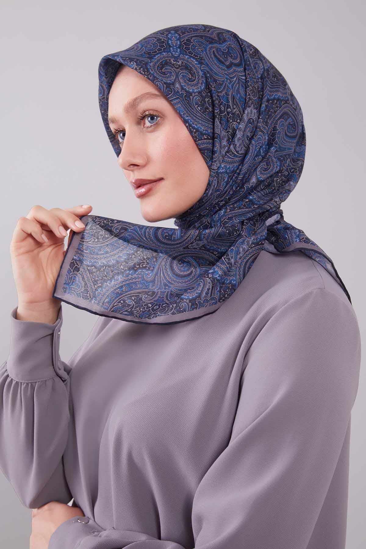 Fivescarf Lacivert Etnik Desen Silk Cotton Eşarp