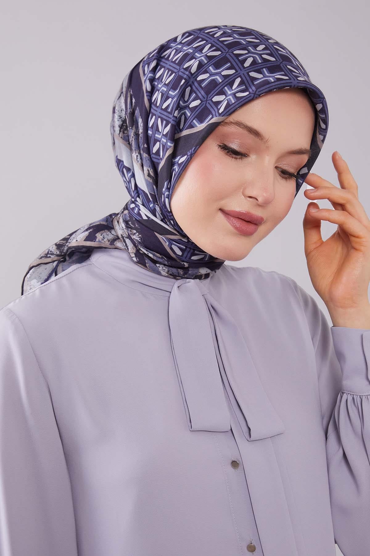 Fivescarf Lacivert Geometri Desen Silk Cotton Eşarp