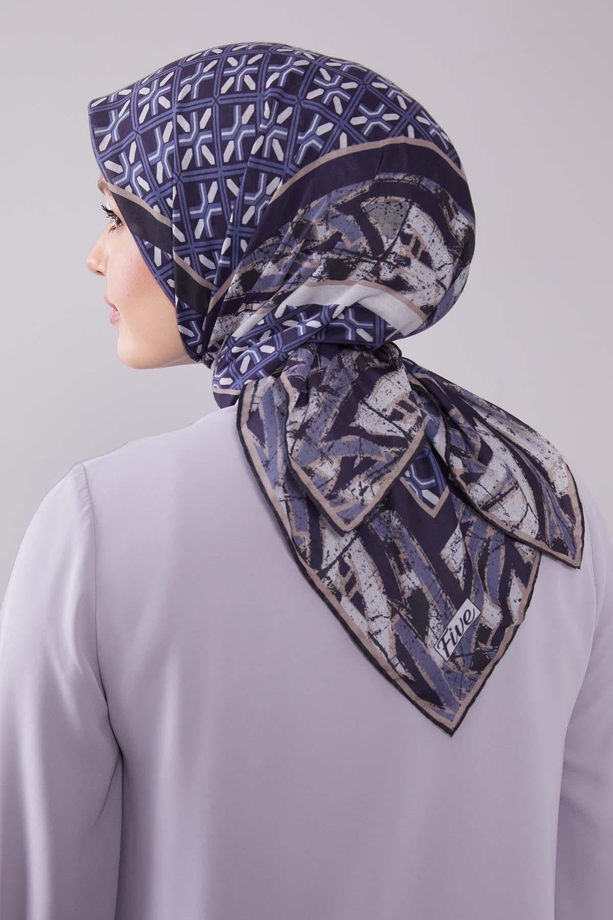 Fivescarf Lacivert Geometri Desen Silk Cotton Eşarp
