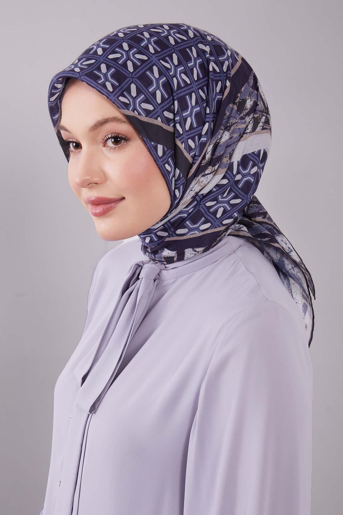 Fivescarf Lacivert Geometri Desen Silk Cotton Eşarp